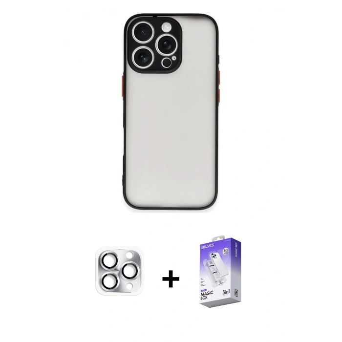 MARSİLYAN™- iPhone 16 Pro Max Kılıf Ahenk Çizgi Serisi - Siyah Bilvis 5in1 3D Magic Cam Ekran Koruyucu + Pers Alüminyum Kamera Lens - GS