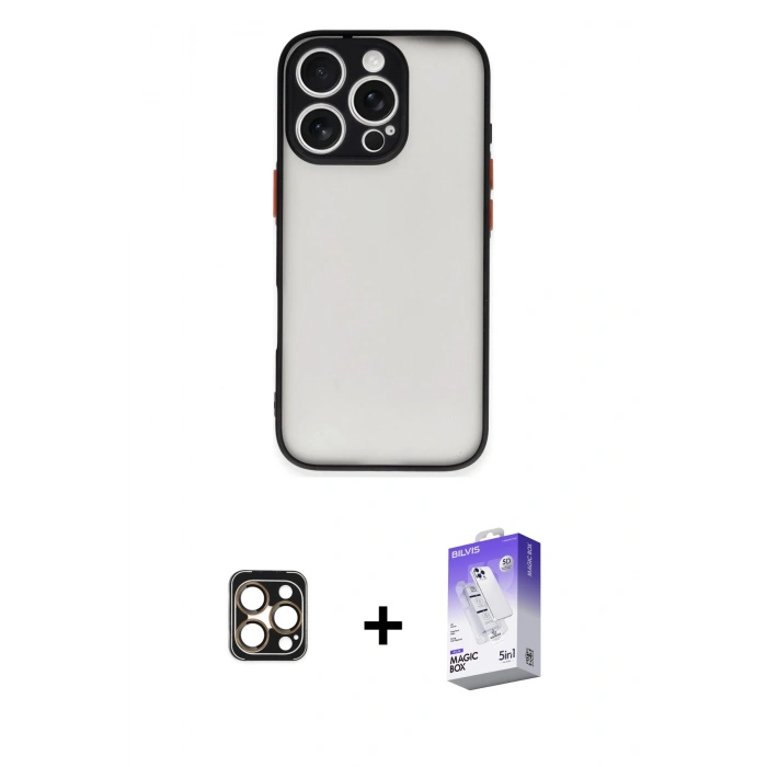 MARSİLYAN™- iPhone 16 Pro Max Kılıf Ahenk Çizgi Serisi - Siyah Bilvis 5in1 3D Magic Cam Ekran Koruyucu + PVD Metal Kamera Lens - GD