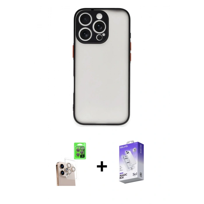 MARSİLYAN™- iPhone 16 Pro Max Kılıf Ahenk Çizgi Serisi - Siyah Bilvis 5in1 3D Magic Cam Ekran Koruyucu + Raze Metal Kamera Lens - NLGY