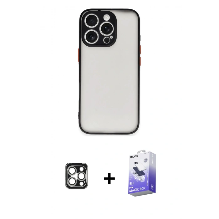 MARSİLYAN™- iPhone 16 Pro Max Kılıf Ahenk Çizgi Serisi - Siyah Bilvis 5in1 5D Magic Hayalet Cam Ekran Koruyucu + PVD Metal Kamera Lens - GS