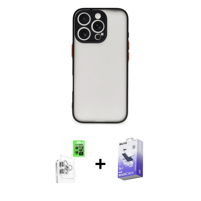 MARSİLYAN™- iPhone 16 Pro Max Kılıf Ahenk Çizgi Serisi - Siyah Bilvis 5in1 5D Magic Hayalet Cam Ekran Koruyucu + Raze Metal Kamera Lens - BZ