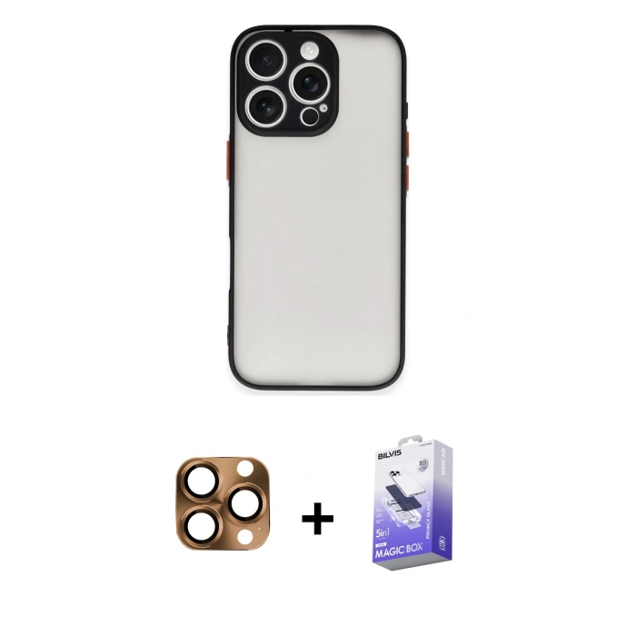 MARSİLYAN™- iPhone 16 Pro Max Kılıf Ahenk Çizgi Serisi - Siyah Bilvis 5in1 5D Magic Hayalet Cam Ekran Koruyucu + Pers Alüminyum Kamera Lens - CLTM