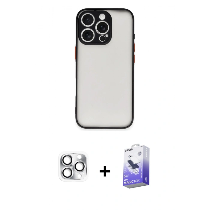 MARSİLYAN™- iPhone 16 Pro Max Kılıf Ahenk Çizgi Serisi - Siyah Bilvis 5in1 5D Magic Hayalet Cam Ekran Koruyucu + Pers Alüminyum Kamera Lens - GS