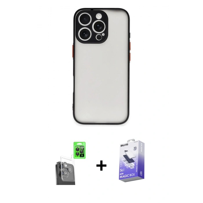 MARSİLYAN™- iPhone 16 Pro Max Kılıf Ahenk Çizgi Serisi - Siyah Bilvis 5in1 5D Magic Hayalet Cam Ekran Koruyucu + Raze Metal Kamera Lens - SH