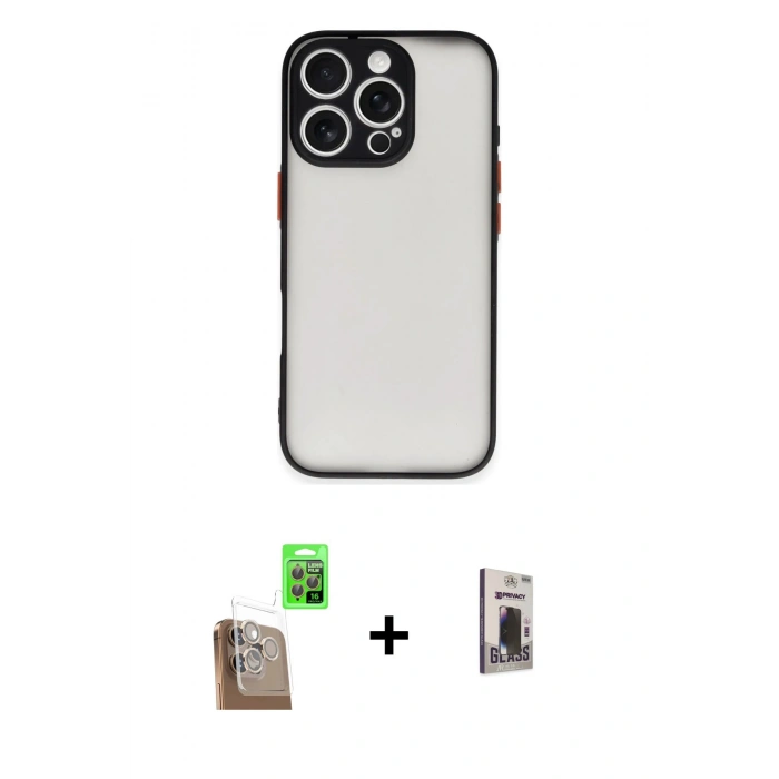 MARSİLYAN™- iPhone 16 Pro Max Kılıf Ahenk Çizgi Serisi - Siyah Bilvis Hayalet Cam Ekran Koruyucu + Çöl Titanyum Raze Metal Kamera Lens