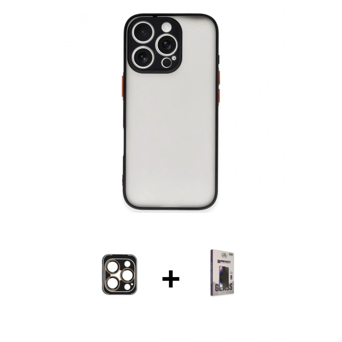 MARSİLYAN™- iPhone 16 Pro Max Kılıf Ahenk Çizgi Serisi - Siyah Bilvis Hayalet Cam Ekran Koruyucu + PVD Metal Kamera Lens - GD