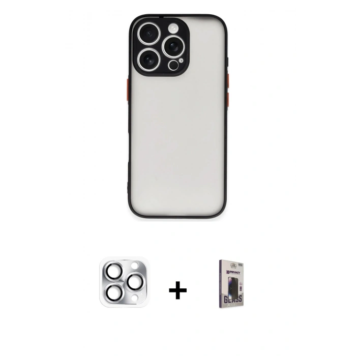 MARSİLYAN™- iPhone 16 Pro Max Kılıf Ahenk Çizgi Serisi - Siyah Bilvis Hayalet Cam Ekran Koruyucu + Pers Alüminyum Kamera Lens - GS