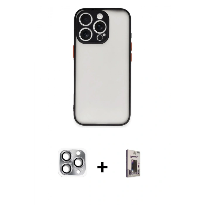 MARSİLYAN™- iPhone 16 Pro Max Kılıf Ahenk Çizgi Serisi - Siyah Bilvis Hayalet Cam Ekran Koruyucu + Pers Alüminyum Kamera Lens - GI