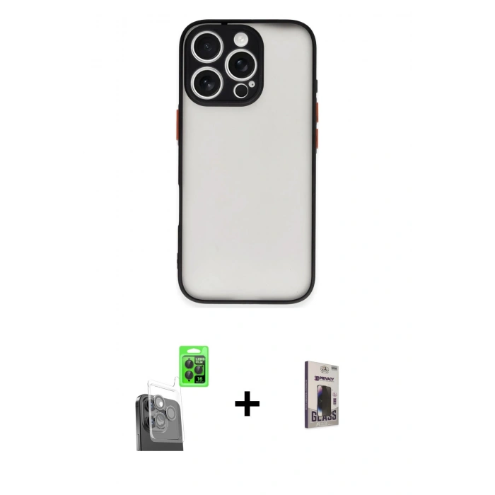MARSİLYAN™- iPhone 16 Pro Max Kılıf Ahenk Çizgi Serisi - Siyah Bilvis Hayalet Cam Ekran Koruyucu + Raze Metal Kamera Lens - SH