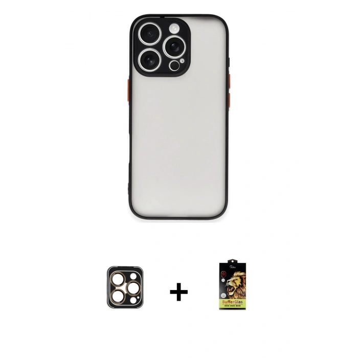MARSİLYAN™- iPhone 16 Pro Max Kılıf Ahenk Çizgi Serisi - Siyah Buffer Cam Ekran Koruyucu + Gold PVD Metal Kamera Lens
