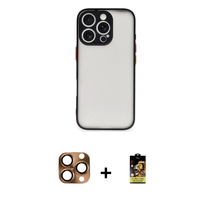 MARSİLYAN™- iPhone 16 Pro Max Kılıf Ahenk Çizgi Serisi - Siyah Buffer Cam Ekran Koruyucu + Pers Alüminyum Kamera Lens - CLTM