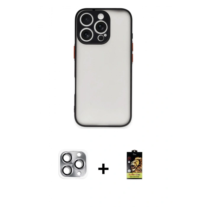 MARSİLYAN™- iPhone 16 Pro Max Kılıf Ahenk Çizgi Serisi - Siyah Buffer Cam Ekran Koruyucu + Pers Alüminyum Kamera Lens - GI