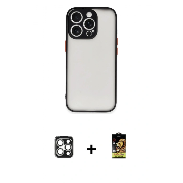 MARSİLYAN™- iPhone 16 Pro Max Kılıf Ahenk Çizgi Serisi - Siyah Buffer Cam Ekran Koruyucu + PVD Metal Kamera Lens - GS