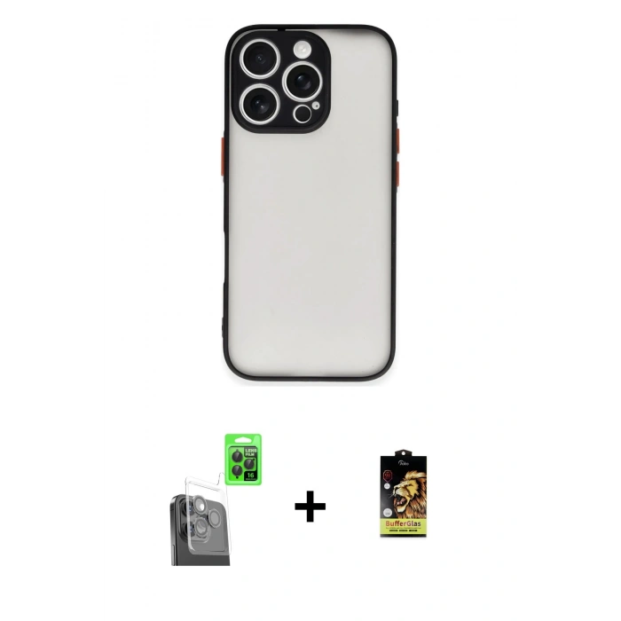 MARSİLYAN™- iPhone 16 Pro Max Kılıf Ahenk Çizgi Serisi - Siyah Buffer Cam Ekran Koruyucu + Raze Metal Kamera Lens - SH