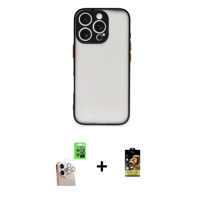 MARSİLYAN™- iPhone 16 Pro Max Kılıf Ahenk Çizgi Serisi - Siyah Buffer Cam Ekran Koruyucu + Raze Metal Kamera Lens - NLGY