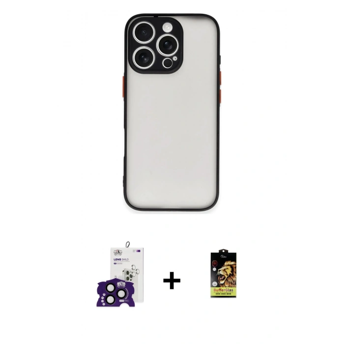 MARSİLYAN™- iPhone 16 Pro Max Kılıf Ahenk Çizgi Serisi - Siyah Buffer Cam Ekran Koruyucu + Siyah Bilvis Titan Kamera Lens