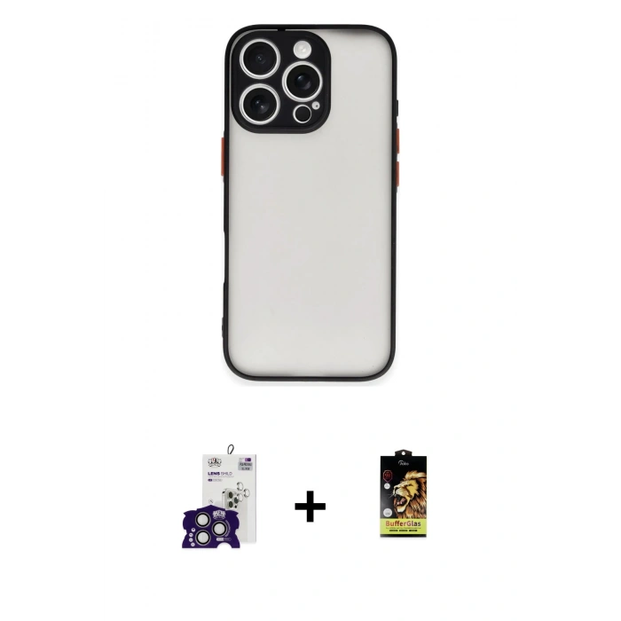 MARSİLYAN™- iPhone 16 Pro Max Kılıf Ahenk Çizgi Serisi - Siyah Buffer Cam Ekran Koruyucu + Bilvis Titan Kamera Lens - TMGI