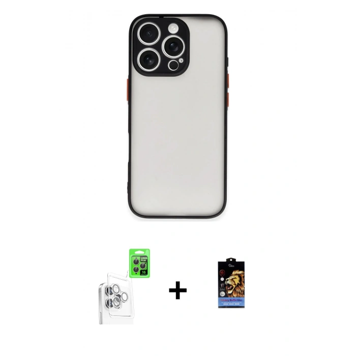 MARSİLYAN™- iPhone 16 Pro Max Kılıf Ahenk Çizgi Serisi - Siyah Buffer Hayalet Cam Ekran Koruyucu + Beyaz Raze Metal Kamera Lens