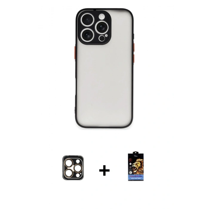 MARSİLYAN™- iPhone 16 Pro Max Kılıf Ahenk Çizgi Serisi - Siyah Buffer Hayalet Cam Ekran Koruyucu + Gold PVD Metal Kamera Lens