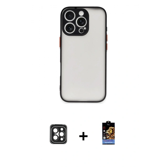 MARSİLYAN™- iPhone 16 Pro Max Kılıf Ahenk Çizgi Serisi - Siyah Buffer Hayalet Cam Ekran Koruyucu + PVD Metal Kamera Lens - SH