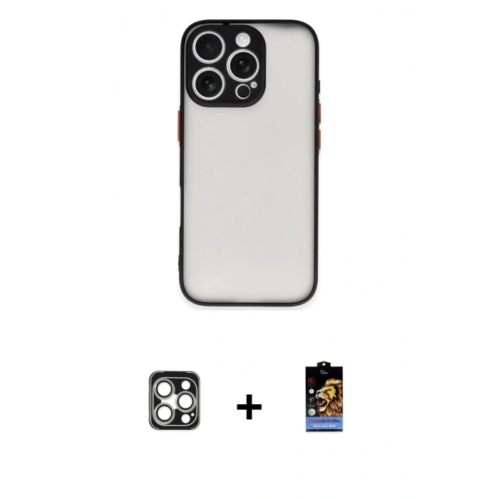 MARSİLYAN™- iPhone 16 Pro Max Kılıf Ahenk Çizgi Serisi - Siyah Buffer Hayalet Cam Ekran Koruyucu + PVD Metal Kamera Lens - GS