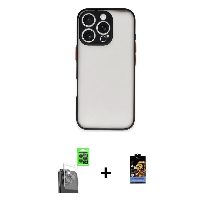 MARSİLYAN™- iPhone 16 Pro Max Kılıf Ahenk Çizgi Serisi - Siyah Buffer Hayalet Cam Ekran Koruyucu + Raze Metal Kamera Lens - SH
