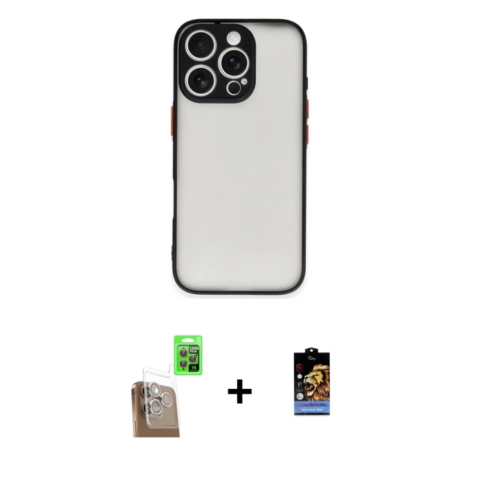 MARSİLYAN™- iPhone 16 Pro Max Kılıf Ahenk Çizgi Serisi - Siyah Buffer Hayalet Cam Ekran Koruyucu + Raze Metal Kamera Lens - CLTM