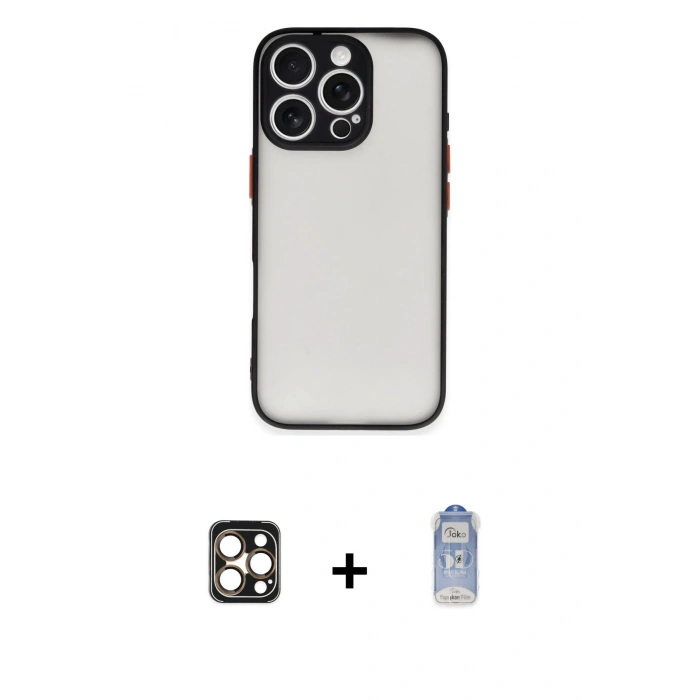MARSİLYAN™- iPhone 16 Pro Max Kılıf Ahenk Çizgi Serisi - Siyah Joko Magic 5D Cam + Gold PVD Metal Kamera Lens