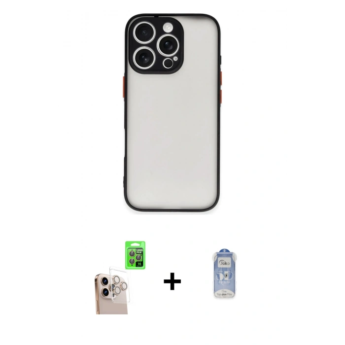 MARSİLYAN™- iPhone 16 Pro Max Kılıf Ahenk Çizgi Serisi - Siyah Joko Magic 5D Cam + Natural Grey Raze Metal Kamera Lens