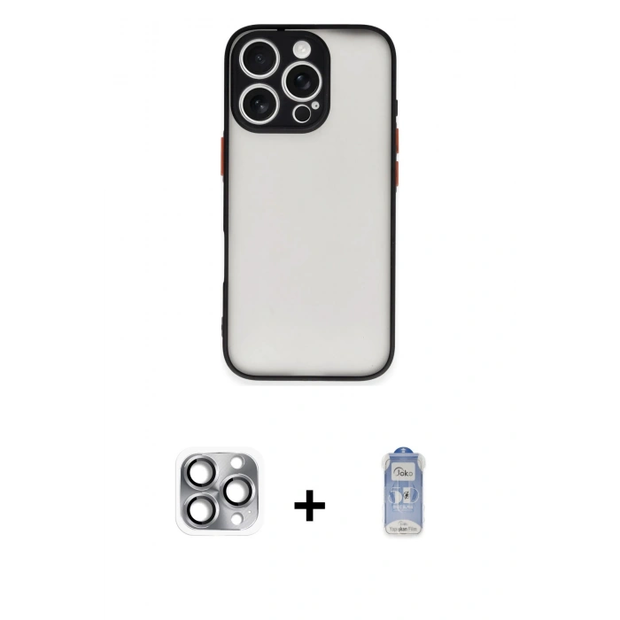MARSİLYAN™- iPhone 16 Pro Max Kılıf Ahenk Çizgi Serisi - Siyah Joko Magic 5D Cam + Pers Alüminyum Kamera Lens - GI