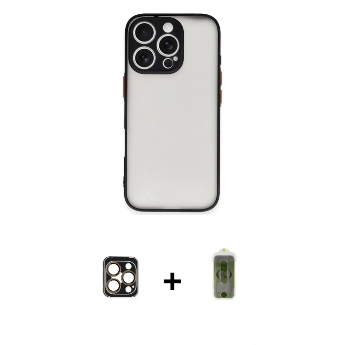 MARSİLYAN™- iPhone 16 Pro Max Kılıf Ahenk Çizgi Serisi - Siyah Joko Magic 5D Hayalet Cam + PVD Metal Kamera Lens - GD