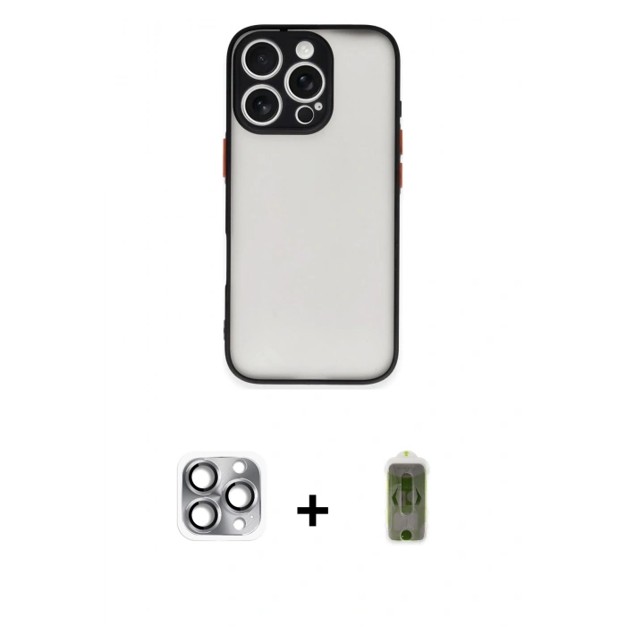 MARSİLYAN™- iPhone 16 Pro Max Kılıf Ahenk Çizgi Serisi - Siyah Joko Magic 5D Hayalet Cam + Pers Alüminyum Kamera Lens - GI
