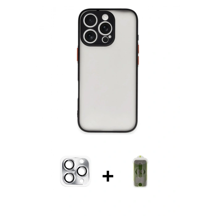 MARSİLYAN™- iPhone 16 Pro Max Kılıf Ahenk Çizgi Serisi - Siyah Joko Magic 5D Hayalet Cam + Pers Alüminyum Kamera Lens - GS
