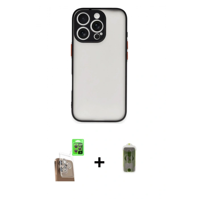 MARSİLYAN™- iPhone 16 Pro Max Kılıf Ahenk Çizgi Serisi - Siyah Joko Magic 5D Hayalet Cam + Raze Metal Kamera Lens - CLTM