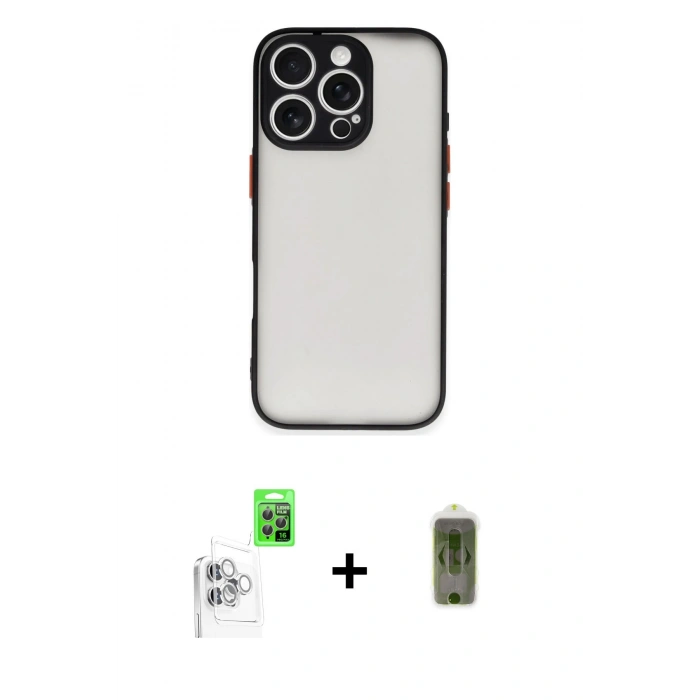 MARSİLYAN™- iPhone 16 Pro Max Kılıf Ahenk Çizgi Serisi - Siyah Joko Magic 5D Hayalet Cam + Raze Metal Kamera Lens - BZ