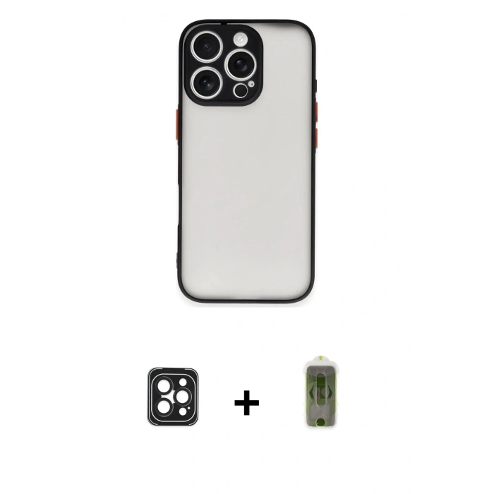 MARSİLYAN™- iPhone 16 Pro Max Kılıf Ahenk Çizgi Serisi - Siyah Joko Magic 5D Hayalet Cam + Siyah PVD Metal Kamera Lens