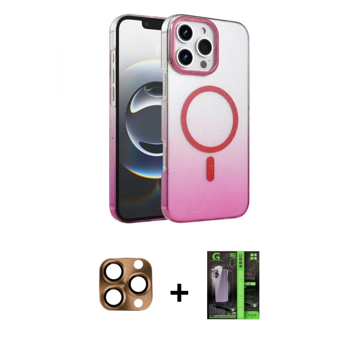 MARSİLYAN™- iPhone 16 Pro Max Kılıf Ahenk Doku Özel Seri - Şeffaf 360 Full Body Arka Koruyucu + Pers Alüminyum Kamera Lens - CLTM