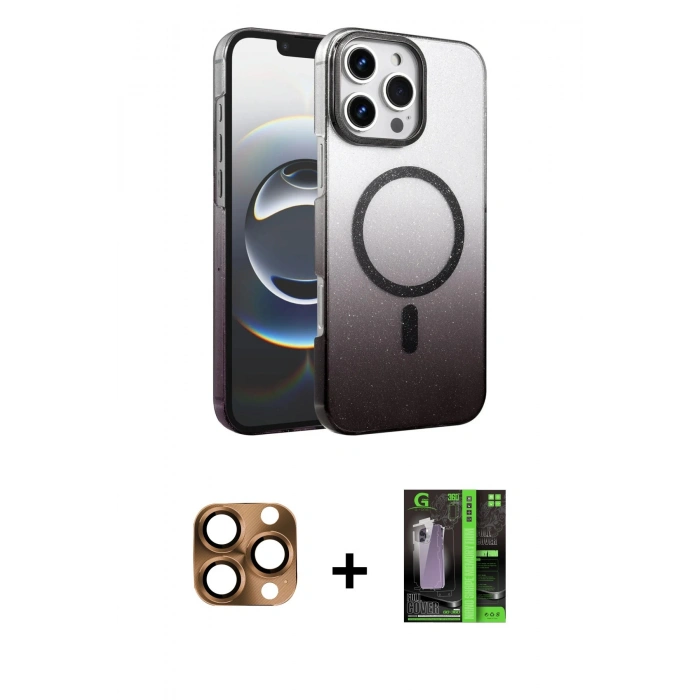 MARSİLYAN™- iPhone 16 Pro Max Kılıf Ahenk Doku Özel Seri - Şeffaf 360 Full Body Arka Koruyucu + Pers Alüminyum Kamera Lens - CLTM