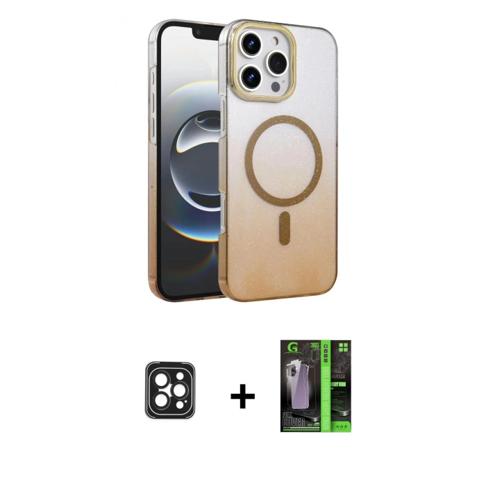 MARSİLYAN™- iPhone 16 Pro Max Kılıf Ahenk Doku Özel Seri - Şeffaf 360 Full Body Arka Koruyucu + PVD Metal Kamera Lens - SH