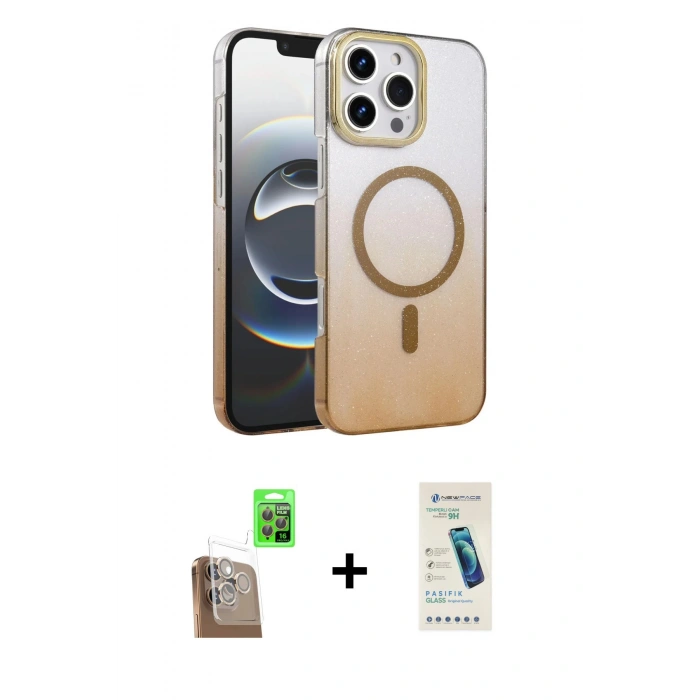 MARSİLYAN™- iPhone 16 Pro Max Kılıf Ahenk Doku Özel Seri - Şeffaf Pasifik Cam Ekran Koruyucu + Çöl Titanyum Raze Metal Kamera Lens