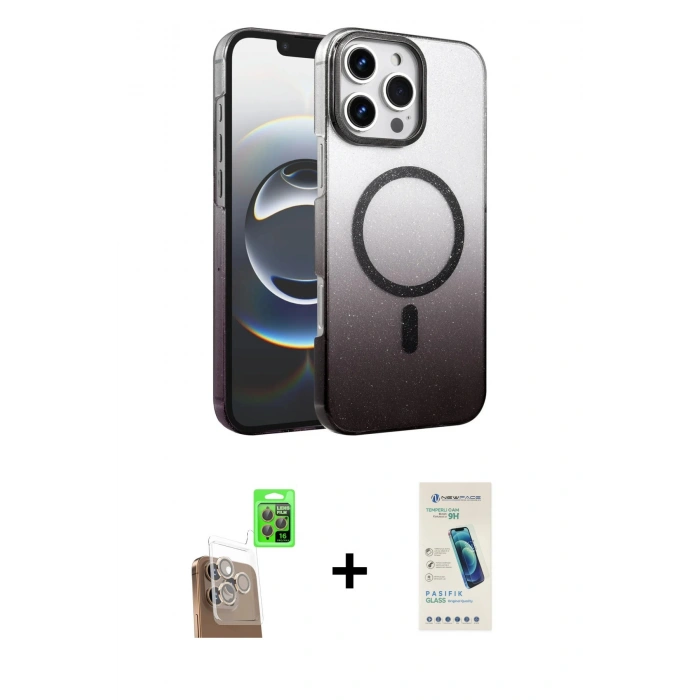 MARSİLYAN™- iPhone 16 Pro Max Kılıf Ahenk Doku Özel Seri - Şeffaf Pasifik Cam Ekran Koruyucu + Çöl Titanyum Raze Metal Kamera Lens