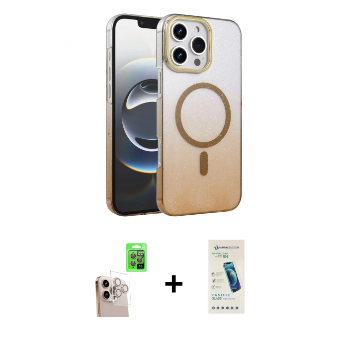 MARSİLYAN™- iPhone 16 Pro Max Kılıf Ahenk Doku Özel Seri - Şeffaf Pasifik Cam Ekran Koruyucu + Raze Metal Kamera Lens - NLGY