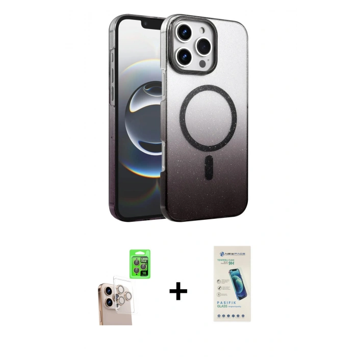 MARSİLYAN™- iPhone 16 Pro Max Kılıf Ahenk Doku Özel Seri - Şeffaf Pasifik Cam Ekran Koruyucu + Raze Metal Kamera Lens - NLGY