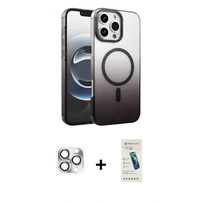 MARSİLYAN™- iPhone 16 Pro Max Kılıf Ahenk Doku Özel Seri - Şeffaf Pasifik Cam Ekran Koruyucu + Pers Alüminyum Kamera Lens - GS