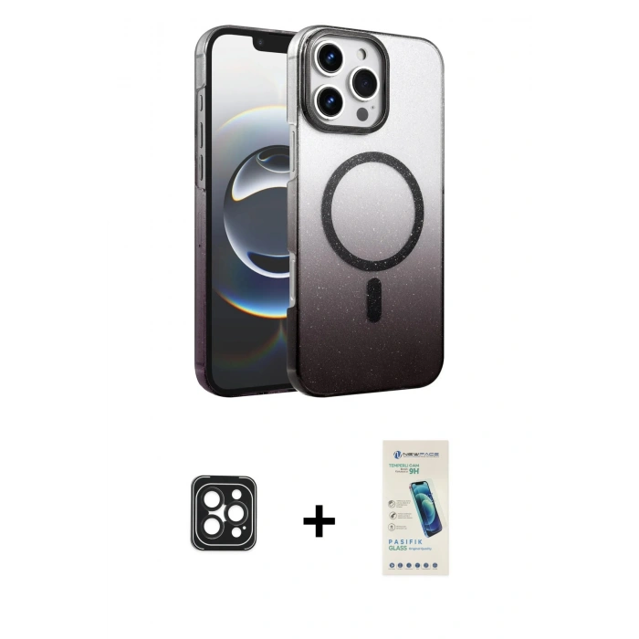 MARSİLYAN™- iPhone 16 Pro Max Kılıf Ahenk Doku Özel Seri - Şeffaf Pasifik Cam Ekran Koruyucu + PVD Metal Kamera Lens - SH