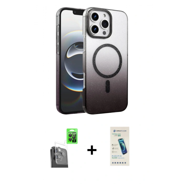 MARSİLYAN™- iPhone 16 Pro Max Kılıf Ahenk Doku Özel Seri - Şeffaf Pasifik Cam Ekran Koruyucu + Siyah Raze Metal Kamera Lens