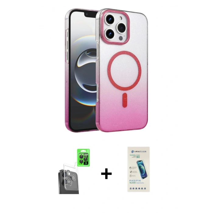 MARSİLYAN™- iPhone 16 Pro Max Kılıf Ahenk Doku Özel Seri - Şeffaf Pasifik Cam Ekran Koruyucu + Siyah Raze Metal Kamera Lens