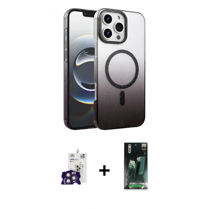 MARSİLYAN™- iPhone 16 Pro Max Kılıf Ahenk Doku Özel Seri - Siyah 360 Mat Full Body Arka Koruyucu + Bilvis Titan Kamera Lens - TMGI