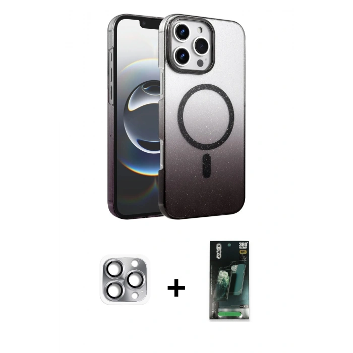 MARSİLYAN™- iPhone 16 Pro Max Kılıf Ahenk Doku Özel Seri - Siyah 360 Mat Full Body Arka Koruyucu + Gri Pers Alüminyum Kamera Lens