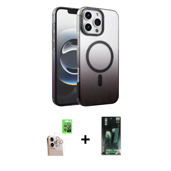 MARSİLYAN™- iPhone 16 Pro Max Kılıf Ahenk Doku Özel Seri - Siyah 360 Mat Full Body Arka Koruyucu + Raze Metal Kamera Lens - NLGY
